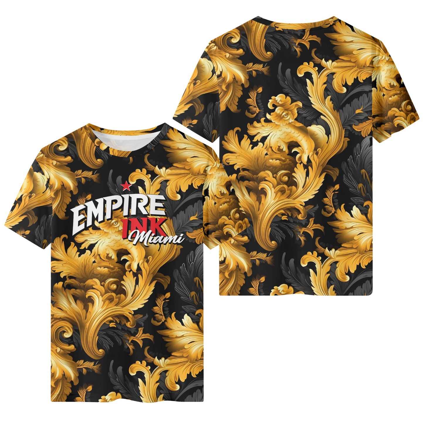 Artistry de lujo: camiseta de manga corta con estampado completo para hombre con glamour dorado